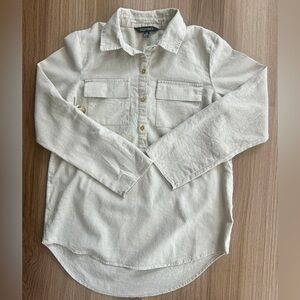 Ellen Tracy Women's Tunic Blouse Tan Pocketed Linen Blend Roll Sleeve Small